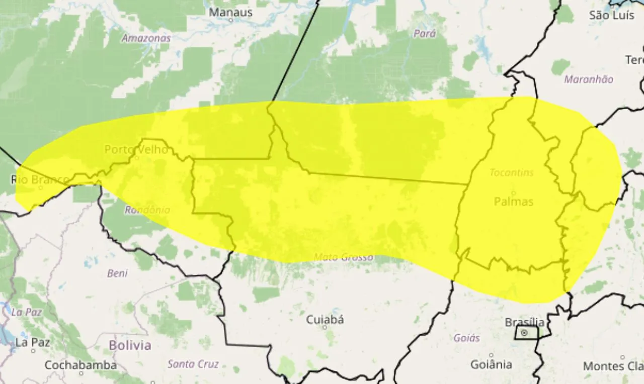 A imagem mostra alerta do inmet para chuvas fortes no Centro-Oeste, Norte e Nordeste